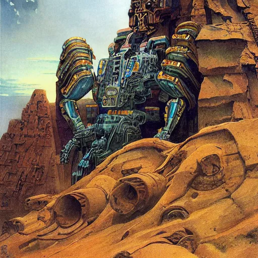 Prompt: mayan mecha in mesa landscape by j. c. leyendecker, bosch, and beksinski