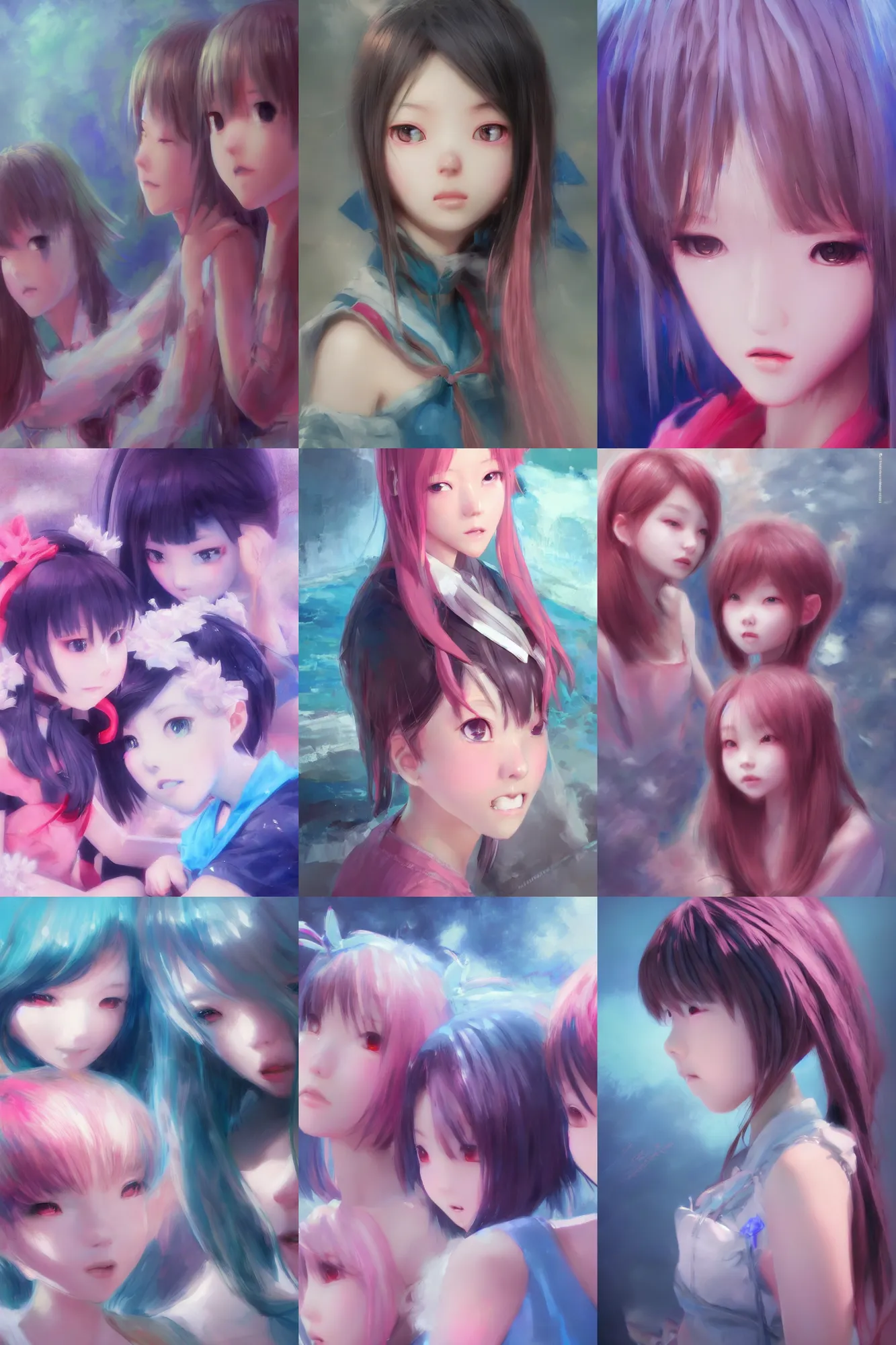 Image similar to 3d infrared octane render concept art by D. Jun, by Mo Xiang Tong Xiu, by Igarashi Daisuke, cute beauty complex portrait anime sad friends school girls under dark pink and blue water. beautiful and cutest sad face. dramatic deep light, trending on artstation, oil painting brush