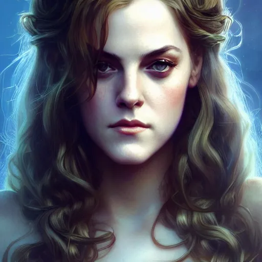 Image similar to beautiful young riley keough, closeup, d & d, fantasy, intricate, elegant, highly detailed, digital painting, artstation, concept art, matte, sharp focus, illustration, art by artgerm and greg rutkowski and alphonse mucha