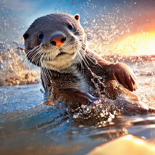 Image similar to a closeup photorealistic photograph of a cute otter - cat hybrid splashing in the surf during sunset. professional capture, well lit shot. this 4 k hd image is trending on artstation, featured on behance, well - rendered, extra crisp, features intricate detail, epic composition and the style of unreal engine.