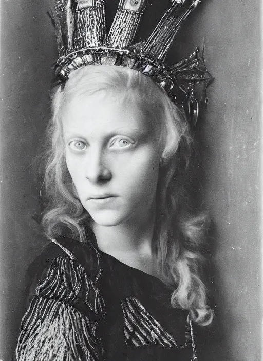Prompt: portrait of young woman in medieval dress and medieval headdress, blue eyes and blond hair, style by the diane arbus
