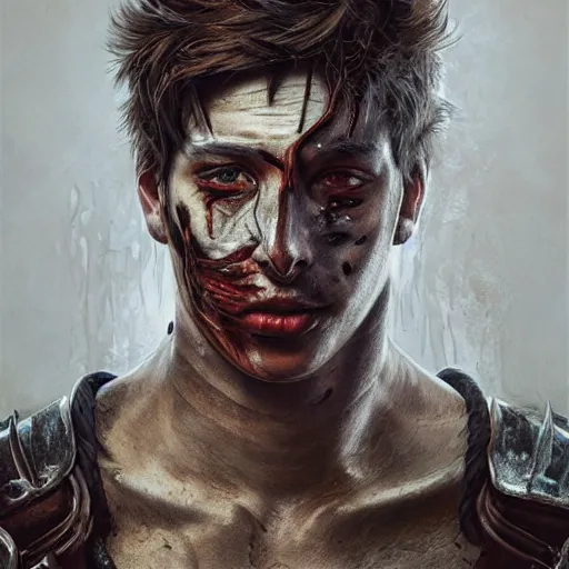 Image similar to portrait painting of young man with severe burn scars on his face and poorly cut short hair with a severe expression wearing tattered leather armor, ultra realistic, concept art, intricate details, eerie, highly detailed, photorealistic, octane render, 8 k, unreal engine. art by artgerm and greg rutkowski and charlie bowater and magali villeneuve and alphonse mucha