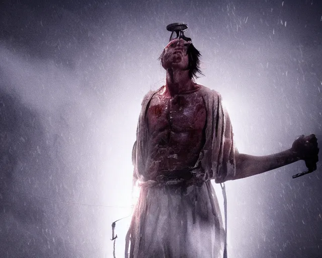 Image similar to a film still of gorr the god butcher wrapped in white cloth, in neotokyo, cinematic lighting, high resolution, 4 k