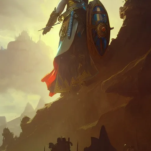 Image similar to paladin in full plate holding a shield standing in front of an airship, heroic, epic, D&D, trending on artstation, 4k, art by Greg Rutkowski and Alphonse Mucha