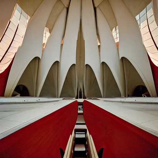 Image similar to interior of a futuristic lotus temple with gold, red and white marble panels, in the desert, by buckminster fuller and syd mead, intricate contemporary architecture, photo journalism, photography, cinematic, national geographic photoshoot