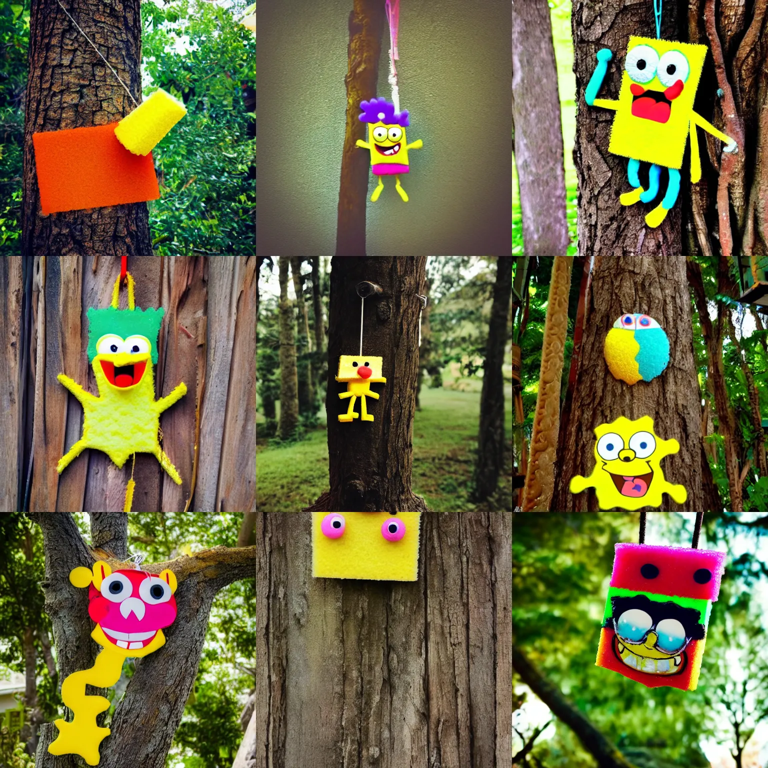 Prompt: a photo of a sponge bob pinata hanging on a tree branch, iPhone 3 photo