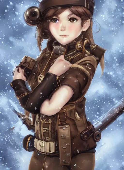 Image similar to girl with steampunk weapons and uniform, serious, intense, finely detailed, made by artgerm, ross tran, full body portrait, illustration, snow, snowing, cloudy, anime, side view, perfect anime face, realistic face, zoomed out, smooth, brown eyes, high waisted shorts