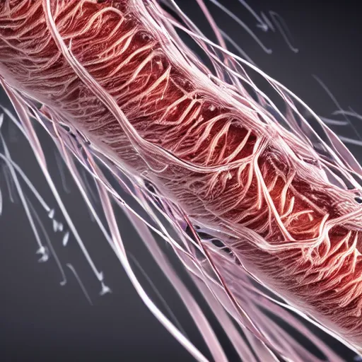 Image similar to detailed photorealistic artist's illustration of a myofibril muscle fibre mechanism, highly detailed, 4 k