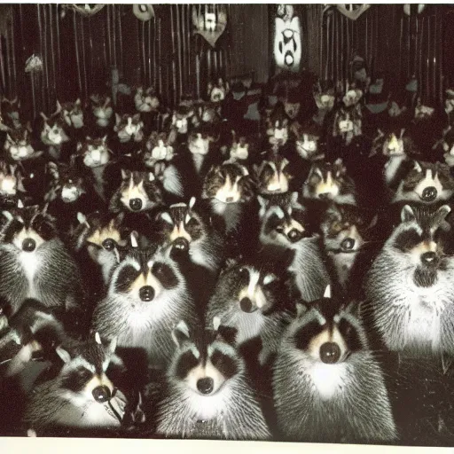 Image similar to vintage disposable camera photo, a group of raccoons wearing dark cult robes look towards the camera in surprise and anger as they perform a dark occult evil ceremony inside the secret lair of an underground mystery cult, dramatic candlelight, ultra - detailed, photorealistic, 4 k