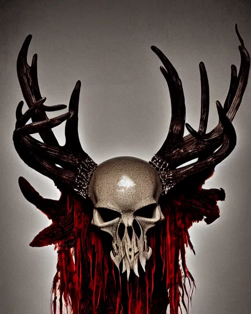 Prompt: deer - skull ghost - spirit of the grim - warpaint wears the scarlet skull armor and native blood headdress antlers, midnight fog - mist!, cinematic lighting, various refining methods, micro macro autofocus, ultra definition, award winning photo, photograph by ghostwave - gammell - giger - shadowlord