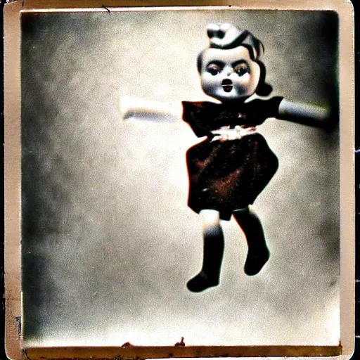 Image similar to 1 9 5 0 s, creepy dolls jumping towards viewer, horror, lost photograph, final photo found, forgotten, polaroid,