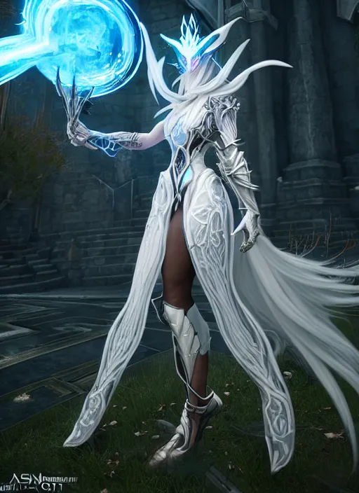 Image similar to photo of a sorceress near mage tower, warframe armor, epic, magical dress, fantasy, white hair, trees, village far away, interesting angle, sharp focus, 8 k high definition, insanely detailed, intricate, intelligent, art by akihiko yoshida and shirotaka