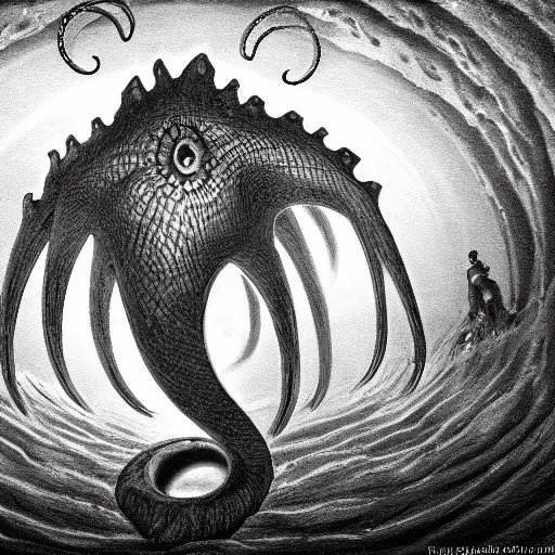 Image similar to a gigantic lovecraftian cyclope emerging from under the ocean, gazing to the darkened sky, old 3 5 mm ilford black and white, photorealistic