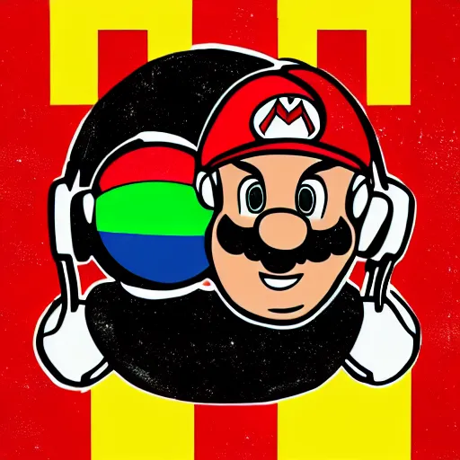 Image similar to svg sticker of a Pop-Wonder SuperMario, Mario-Wearing-a-red-hat, at a rave, spinning records, giant headphones rocking out, wearing headphones, huge speakers, dancing, rave, DJ, spinning records, digital art, amazing composition, rule-of-thirds, award-winning, trending on artstation, featured on deviantart