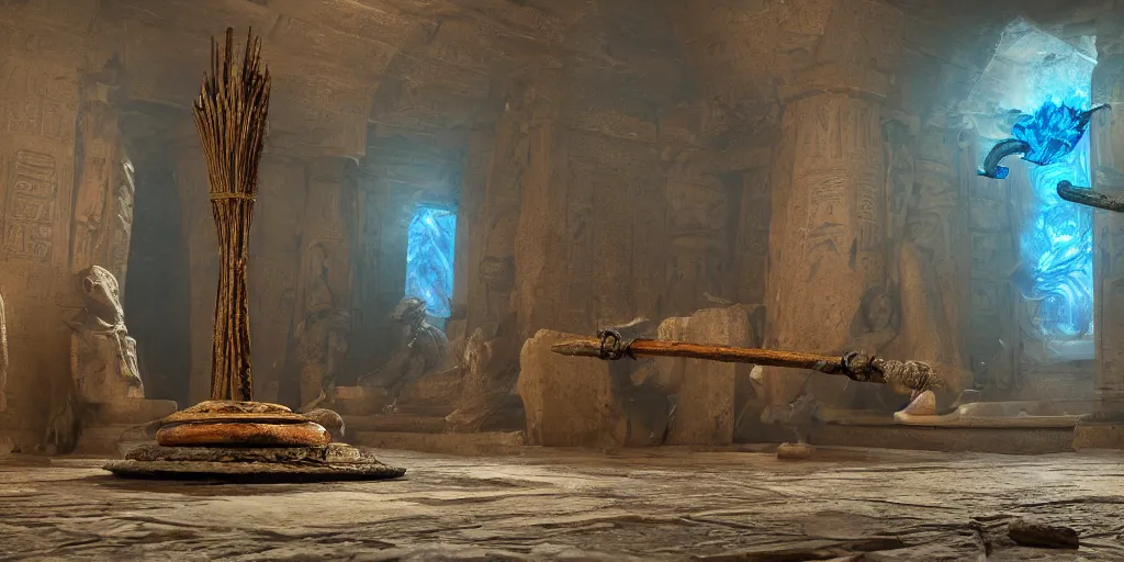 Image similar to fantasy movie scene greg rutkowski digital painting of an ornate and royal egyptian antechamber tomb with a old twisted wooden staff weapon with a blue crystal at it's tip laying on a stone altar, unreal engine, hyper realism, realistic shading, cinematic composition, blender render, octane render, hdr, detailed textures, photorealistic, ultrawide shot, 3 5 mm film