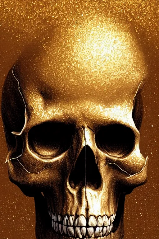 Prompt: skull, close - up portrait, powerful, intricate, elegant, volumetric lighting, digital painting, highly detailed, artstation, sharp focus, illustration, concept art, intricate ink pen, gold leaf