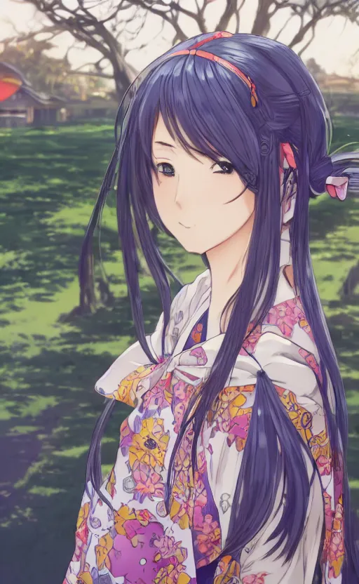 Image similar to anime style, side portrait of a girl walking, summer festival in background, yukata clothing, battlefield in background, hair down, symmetrical facial features, real faces, from arknights, hyper realistic, 4 k, extreme detail, trending artstation, safebooru, realistic lighting, by alphonse mucha, greg rutkowski, sharp focus, backlit