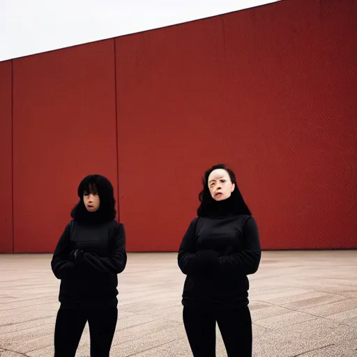 Image similar to photographic portrait of 2 clones in front of a brutalist metal building, 2 techwear women, on a desolate plain, red sky, black oversized clothes, sigma 8 5 mm f / 1. 4, 4 k, depth of field, high resolution, 4 k, 8 k, hd, full color