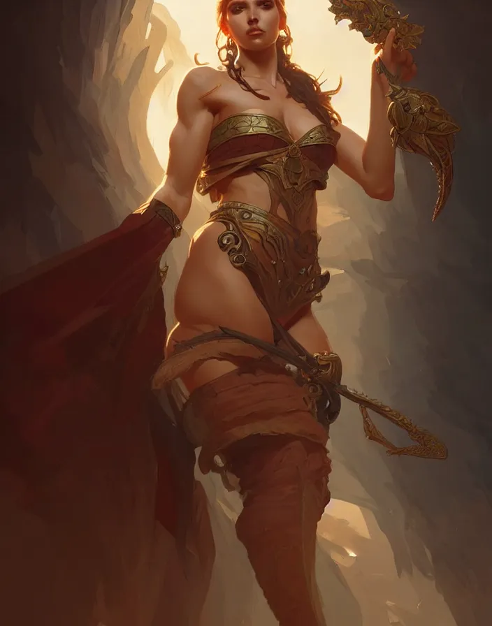 Image similar to portrait of f beautiful female mage, d & d, qpao fantasy, flat lighting, intricate, muscular, highly detailed, digital painting, artstation, concept art, smooth, sharp focus, illustration, art by simon bisley and greg rutkowski and alphonse mucha, natural tpose