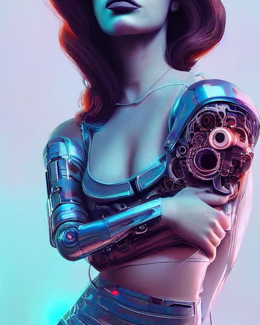 Image similar to portrait of lana del rey as a cyborg. intricate abstract. intricate artwork, by tooth wu, wlop, beeple, dan mumford. concept art, octane render, trending on artstation, greg rutkowski very coherent symmetrical artwork. cinematic, key art, hyper realism, high detail, octane render, 8 k, iridescent accents