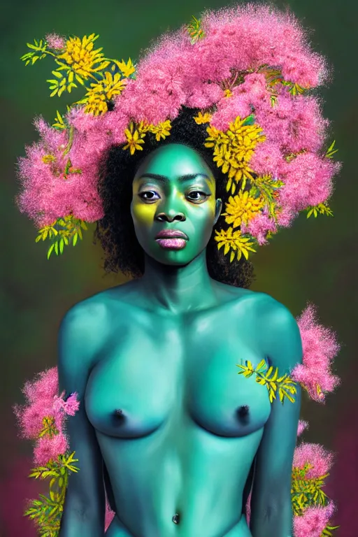 Image similar to hyperrealistic neo - rococo cinematic super expressive! yoruba goddess with exoskeleton armor, merging with tree in a forest, pink yellow flowers, highly detailed digital art masterpiece, smooth cam de leon eric zener dramatic pearlescent soft teal light, ground angle hd 8 k, sharp focus