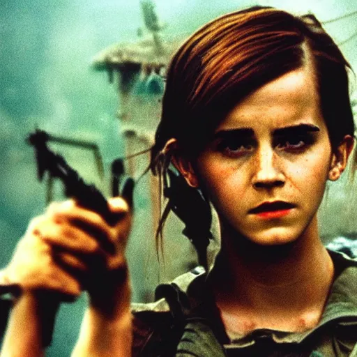 Image similar to film still, extreme far view, emma watson vietnam door gunner, film still from apocalypse now ( 1 9 7 9 ), 2 6 mm, kodak ektachrome, blue tint expired film,