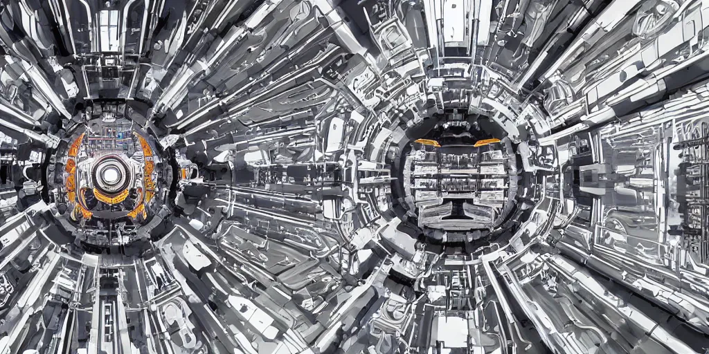 Image similar to inside a functioning fusion reactor, helix and plasma, symmetrical, by Studio Ghibli and Greg Rukowski