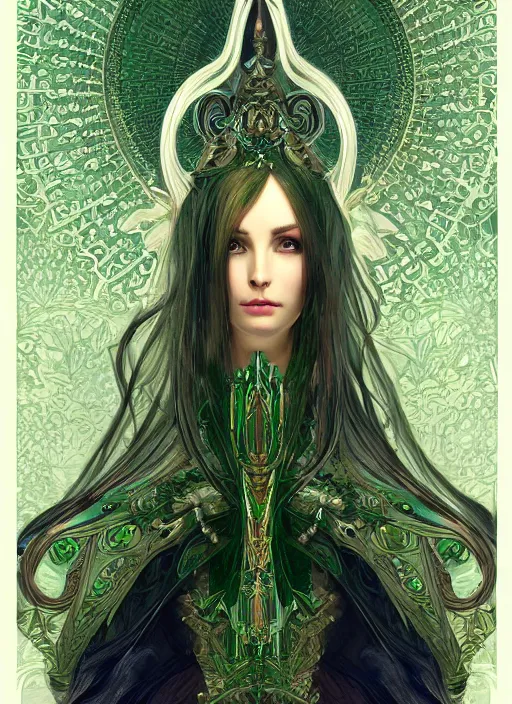 Image similar to symmetric, green fantasy sword, intricate, elegant, highly detailed, digital painting, 4k, HDR, concept art, detailed jewelry, smooth, sharp focus, illustration, art by Artgerm, H R Giger and Alphonse Mucha