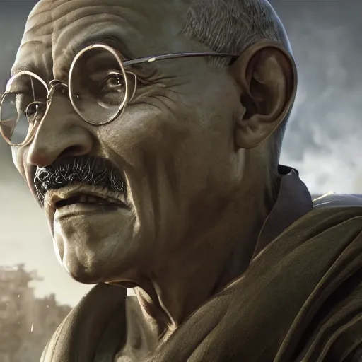 Image similar to Portrait of Mahatma Gandhi in Gears of War, splash art, movie still, cinematic lighting, dramatic, octane render, long lens, shallow depth of field, bokeh, anamorphic lens flare, 8k, hyper detailed, 35mm film grain