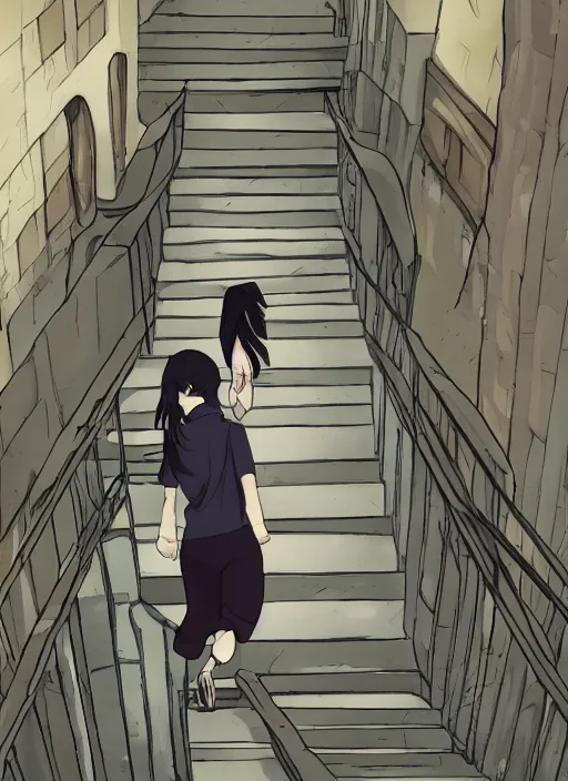 Image similar to anime scene, a girl climbing a stone stairway with desperation, full body perspective, Madhouse Animations