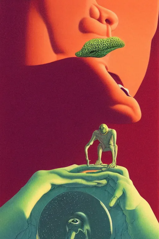 Prompt: a closeup portrait of a young alien man licking a blotter paper of LSD acid on his tongue and dreaming psychedelic hallucinations in cosmos, by kawase hasui, moebius, Edward Hopper and James Gilleard, Zdzislaw Beksinski, Steven Outram colorful flat surreal design, hd, 8k, artstation