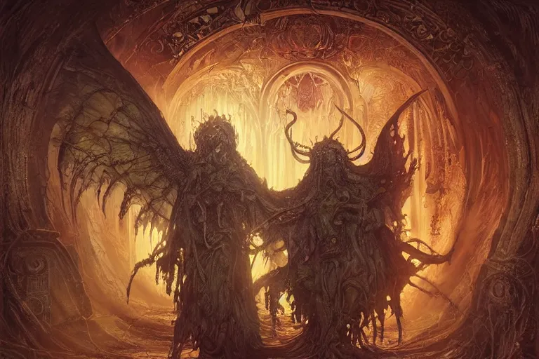 Image similar to a lovecraftian painting of a demonic shrine, occult, demon summoning, hell gate, cosmic horror elements, ultra realistic, concept art, intricate details, eerie, highly detailed, photorealistic, octane render, 8 k, unreal engine. art by artgerm and greg rutkowski and alphonse mucha