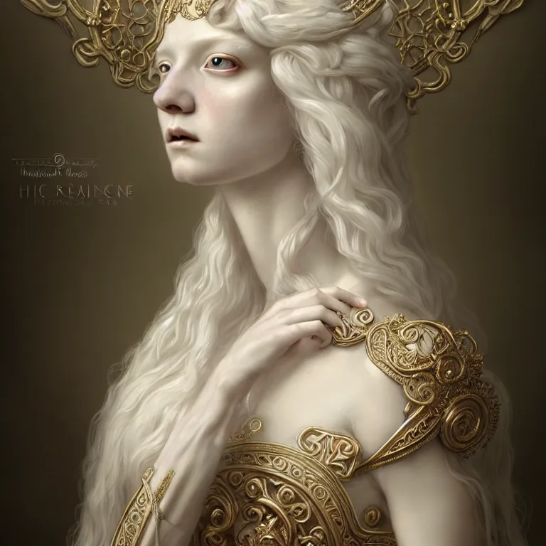 Image similar to renaissance style a wonderful woman albino goddess with a wonderful face and long intricate hair with a beautiful porcelain symmetrical body dressed with a majestic warp ornate semi transparent cream long cotton dress, hightly ornate, intricate, detailed, dramatic light, award winning, octane render, tom bagshaw style