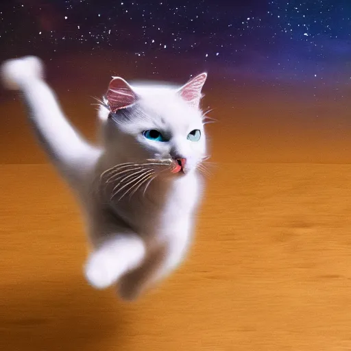 Image similar to photo of hyperspeed flying through outer space cat running fast with motion blur