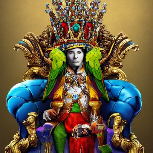 Prompt: A parrot king sitting on a throne with a crown on its head, digital art, detailed, realistic, artstation