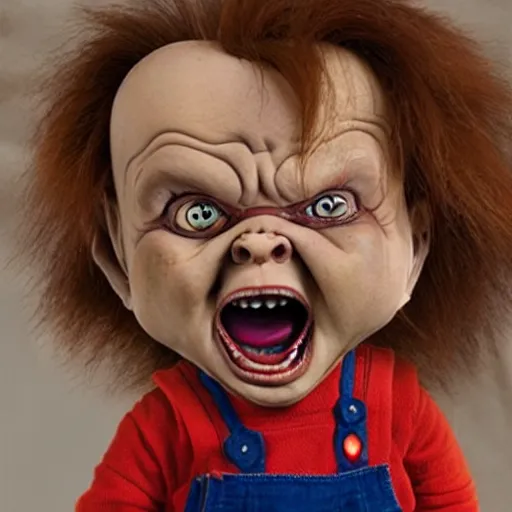 Image similar to chucky doll screaming at george rr martin