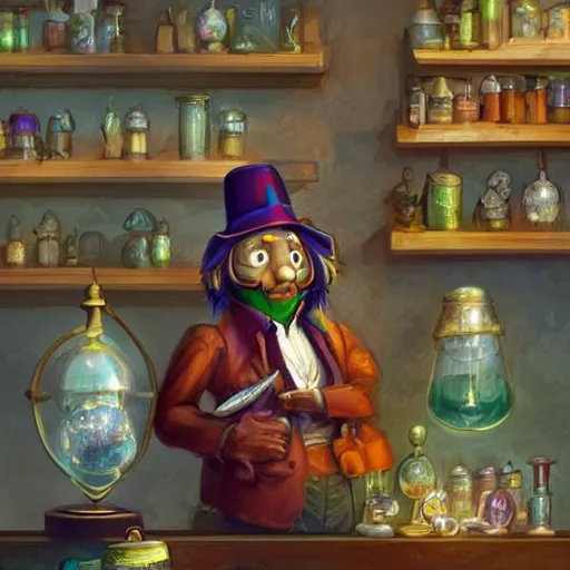 Image similar to Anthropomorphized parrot trader in his shop, shelves full, selling a gem, portrait, items, magic potions, window, warm lamp, fancy hat, sly expression , cunning expression, cute expression, presenting magic gem, D&D, fantasy, cinematic lighting, highly detailed, digital painting, artstation, concept art, smooth, sharp focus, illustration, warm light, cozy warm tint, magic the gathering artwork, volumetric lighting, 8k, no gold, no gold colours, art by Akihiko Yoshida, Greg Rutkowski