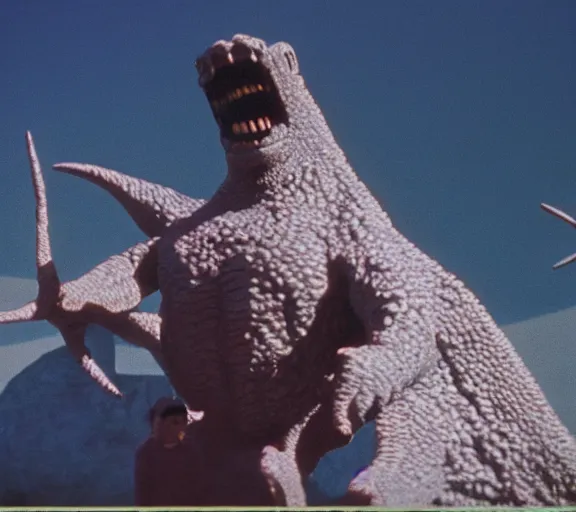 Image similar to Pulgasari the North Korean monster, volumetric lighting, filmstill, produced by Kim Jong-il, Kodachrome, kaiju-eiga, starfish monster movie, communist propaganda, film noir, 35mm film grain, Cooke Varotal 20-100mm T3.1