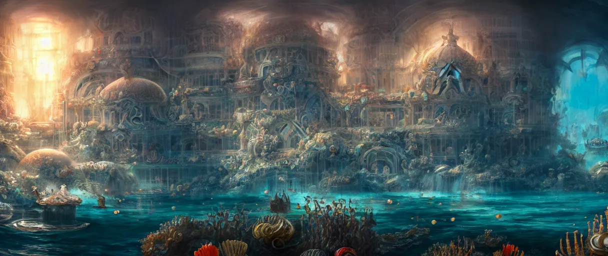 Image similar to hyperrealistic hyper detailed underwater neo-rococo city of atlantis surrounded by giant pearlescent jellyfish matte painting concept art maciej kuciara gustave courbet cinematic soft orange lighting low angle hd 8k sharp shallow depth of field