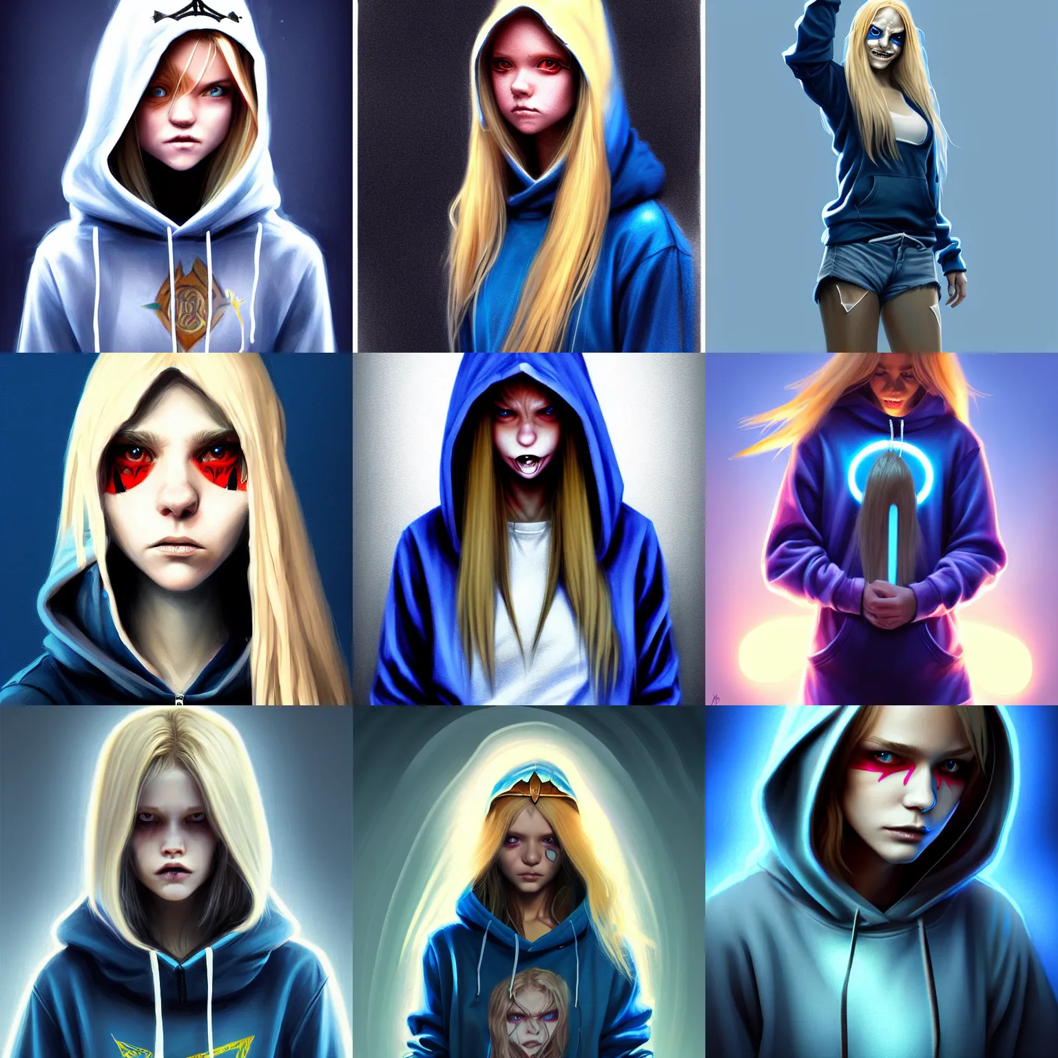 Prompt: skater girl in baggy hoodie, long blonde hair, trident metal crown, dark grin, blue glowing eyes, low light underlit, highly detailed, smooth concept art, airbrush, by artgerm greg rutkowski artstation