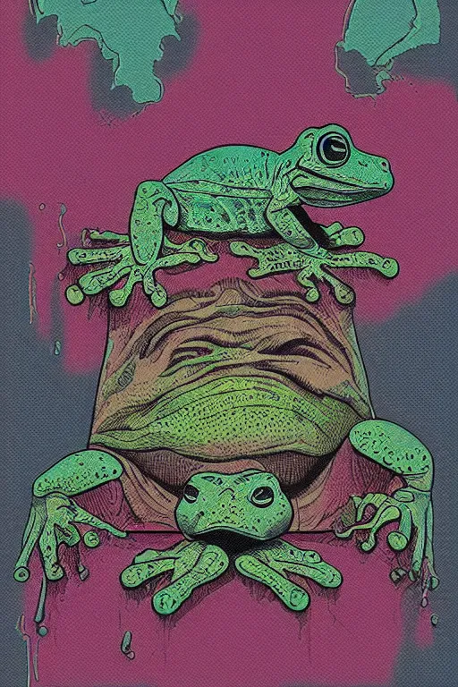 Image similar to portrait of eerie frog in the style of Rob Lefield and Dan Mumford , trending on artstation, digital art,surrealism ,macro,blueprint ,vaporwave ,