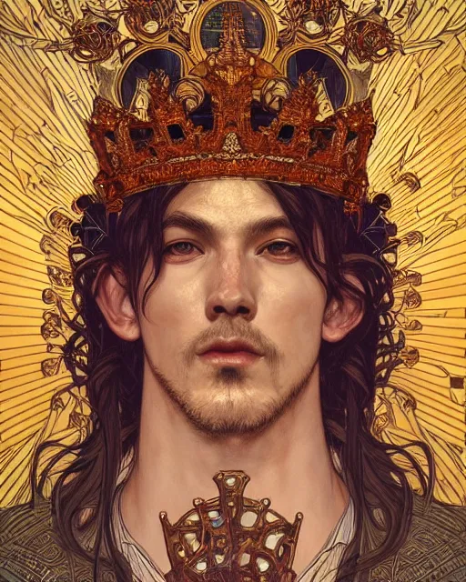 Image similar to symmetrical, centered, young and handsome god close - up portrait wigh crown made of skulls. artwork by tooth wu and wlop and alena aenami and alphonse mucha, brian froud, pablo amaringo