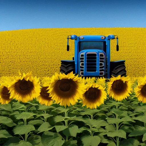 Prompt: a tractor with a ukrainian blue and yellow flag in a sunflower field by goro fujita, 3 d octane render, 8 k, trending on artstation