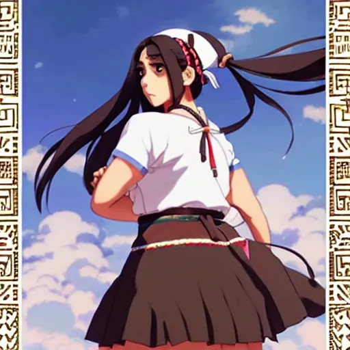 Image similar to a beautiful! plus sized instagram model, brown skin, wearing catholic school girl outfit with mayan pattern and native style, jrpg aztec street fashion, gapmoe yandere grimdark, trending on pixiv fanbox, painted by greg rutkowski makoto shinkai takashi takeuchi studio ghibli, akihiko yoshida