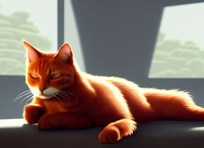 Image similar to a portrait of ginger cat, sleeping on a grey couch, close up, sun - rays, studio ghibli, pixar and disney animation, sharp, rendered in unreal engine 5, anime key art by greg rutkowski, bloom, dramatic lighting