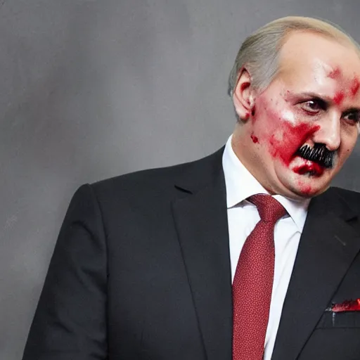 Prompt: Alexander Lukashenko as the American Psycho, staring psychopathically, sweating hard, covered in blood, cinematic still