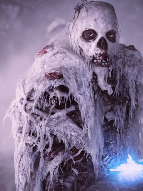 Image similar to fine painting of the white shaman of death from an ancient ice planet culture with mushrooms, candlelight, 8 k, ultra realistic, lens flare, atmosphere, glow, detailed, intricate, full of colour, cinematic lighting, trending on artstation, 4 k, hyperrealistic, focused, extreme details, unreal engine 5, cinematic, masterpiece