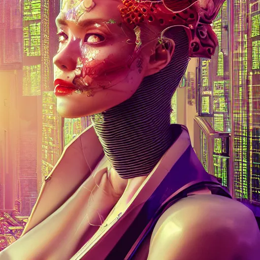 Prompt: the portrait of an absurdly beautiful, graceful, elegant, sophisticated, fashionable cyberpunk gravure idol, an ultrafine hyperdetailed illustration by kim jung gi, irakli nadar, hanna moon, leslie zhang intricate linework, bright colors, collage, porcelain skin, unreal engine 5 highly rendered, cgsociety, global illumination, radiant light, detailed and intricate environment