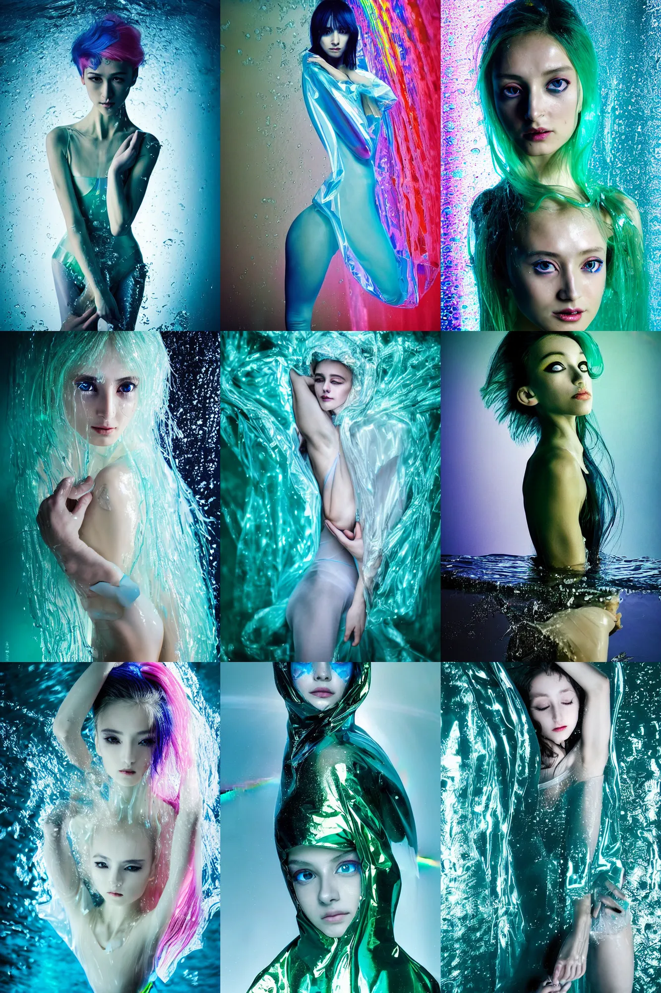 Prompt: Beautiful Sergey Piskunov seinen manga Fashion photography portrait of feminine ballet dancer half submerged in heavy nighttime paris floods, water to waste, wearing a translucent refracting rainbow diffusion wet plastic zaha hadid designed specular highlights raincoat, épaule devant pose;blue hair;green anime eyes by wlop;petite; by Nabbteeri, épaule devant pose, ultra realistic, Kodak , 4K, 75mm lens, three point perspective, chiaroscuro, highly detailed, by moma, by Nabbteeri
