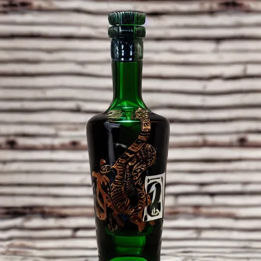 Prompt: vodka bottle with snake head logo